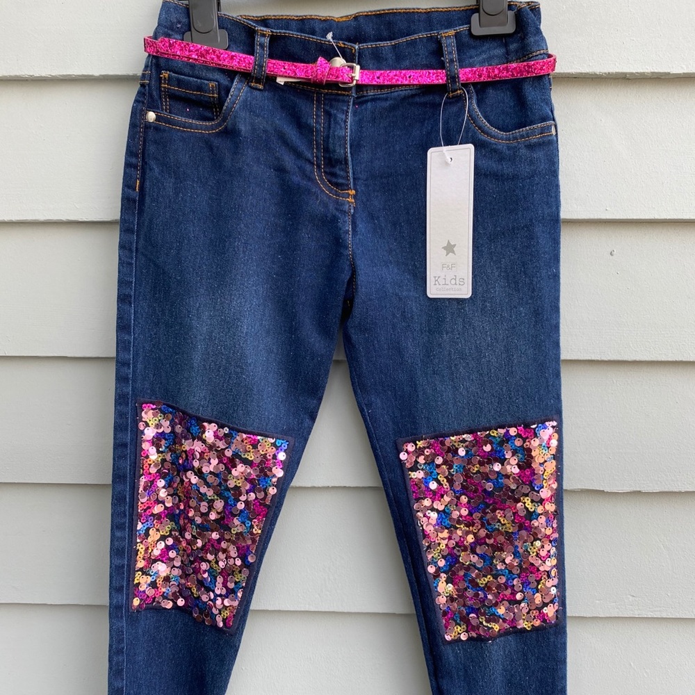 Jeans girls size 7-8 belted pink and sequins